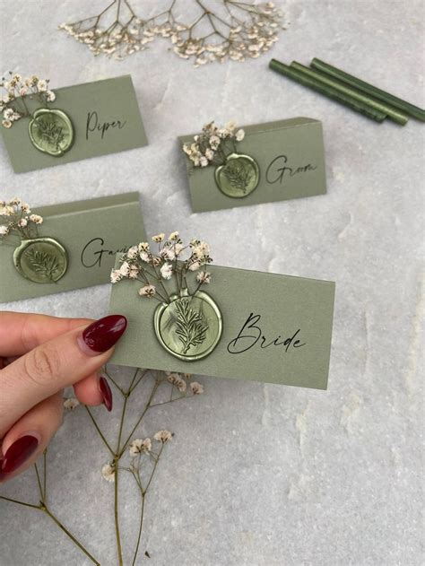 Sage Green Gypsophila Wedding Name Place Cards With Wax Seal Etsy