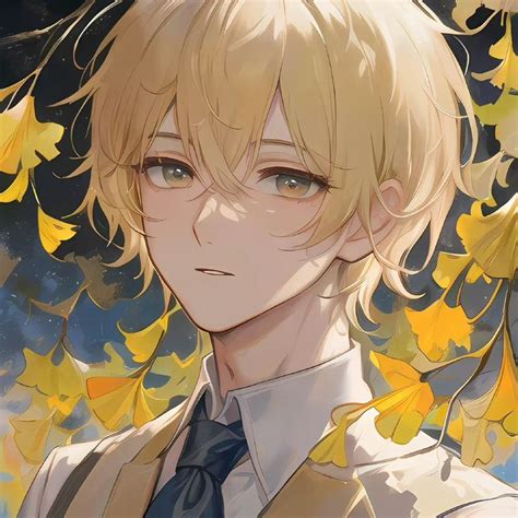 An Anime Character With Blonde Hair And Blue Eyes Wearing A Suit And Tie In Front Of Yellow Leaves