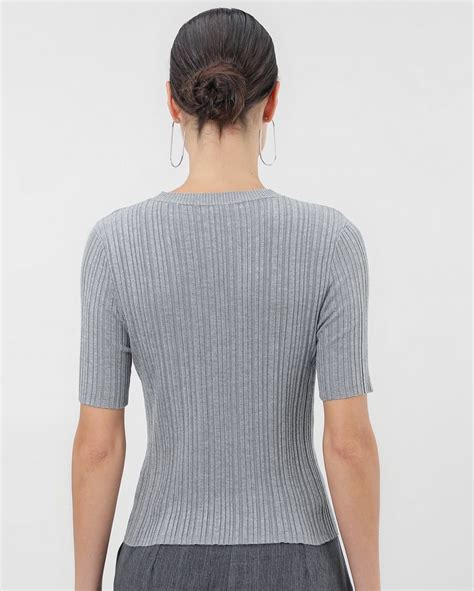 Blusa Feminina De Tricot Canelada Ajustada Cinza Mescla Claro Ak By