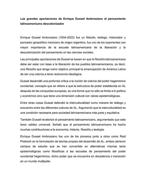 Las Grandes Aportaciones De Enrique Dussel Ambrosiano Al Pensamiento