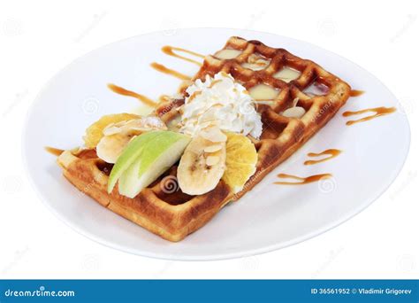 Belgian Waffle With Condensed Milk Whipped Cream And Fruit Stock