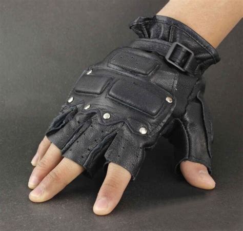 Men S Biker Fingerless Stud Real Leather Gloves With Knuckle Protection