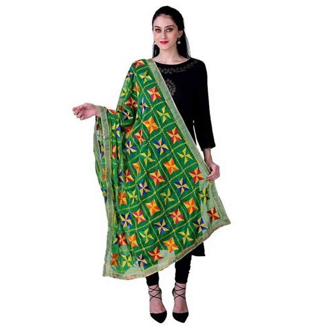 Phulkari Green Dupattas For Womens Hand Embroidered In Amritsar