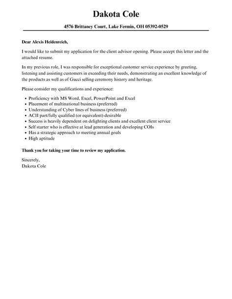 Client Advisor Cover Letter Velvet Jobs