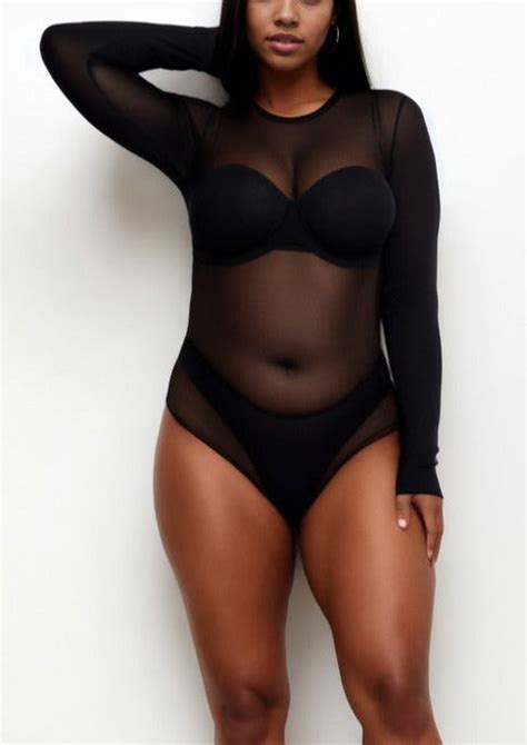 Hi Curvy Plus Size Women Sexy Sheer Mesh Long Sleeve Bodysuit Hi Curvy