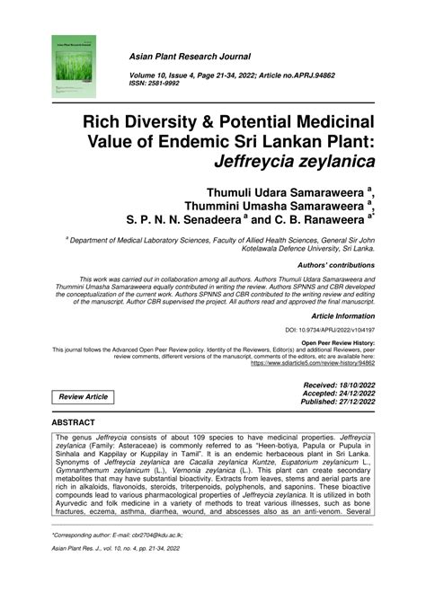 Pdf Rich Diversity Potential Medicinal Value Of Endemic Sri Lankan