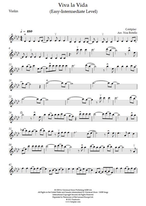 Viva La Vida Easyintermediate Level Coldplay Violin Sheet Music