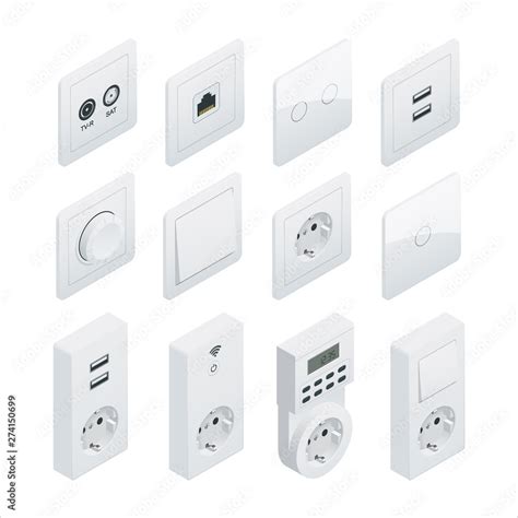 Isometric Switches And Sockets Set All Types Ac Power Sockets