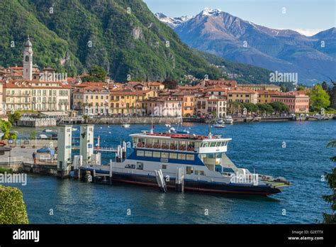 Ferry boat docked at a jetty in Menaggio on Lake Como, Como province ...