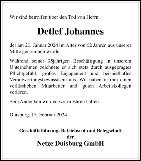 Traueranzeigen Von Detlef Johannes Trauer In NRW De