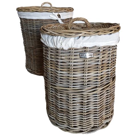 Lined Round Grey Wicker Laundry Basket in 2 sizes