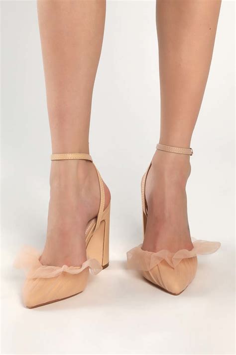 Nude Tulle Heels Pointed Toe Pumps Ankle Strap High Heels Lulus