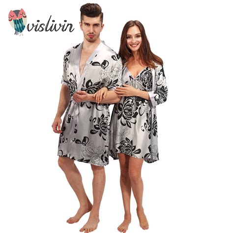 Vislivin Couple Nightwear Sexy Silk Long Robe Lingerie Sleepshirts