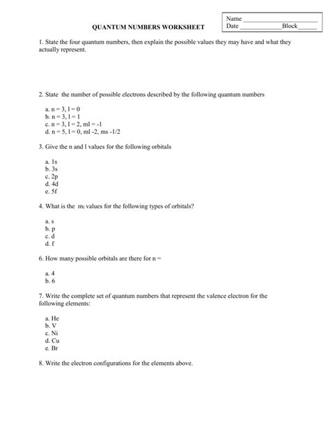 QUANTUM NUMBERS WORKSHEET