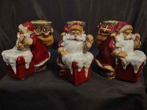 Vintage Set Of 3 Christmas Santa Claus Candle Holders Ebay