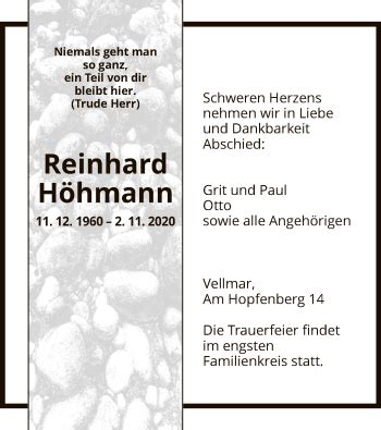 Traueranzeigen Von Reinhard H Hmann Trauer Hna De