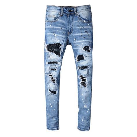 Sokotoo Men S Rhinestone Crystal Patchwork Light Blue Ripped Jeans Slim