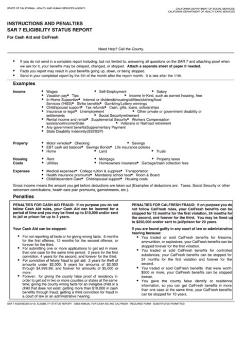 Instructions For Form Sar 7 Eligibility Status Report Semi Annual For Cash Aid And Calfresh