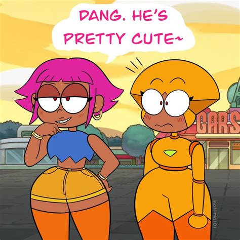 Two Cartoon Characters Standing Next To Each Other In Front Of A Sign