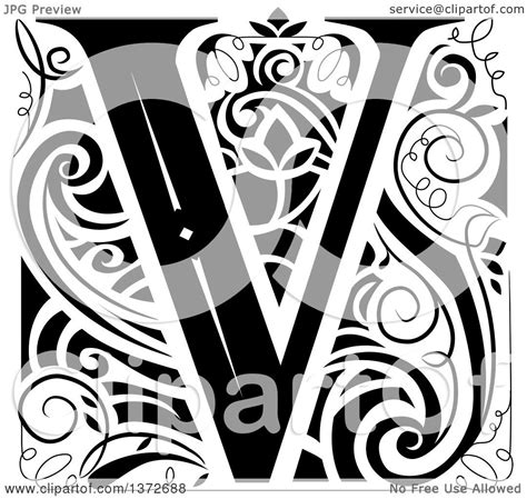 Clipart Of A Black And White Vintage Letter V Monogram Royalty Free