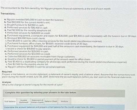 Solved The Accountant For The Firm Owned By Vin Nguyen Chegg