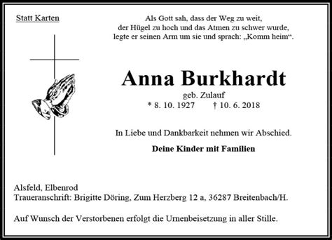 Traueranzeigen Von Anna Burkhardt Vrm Trauer De