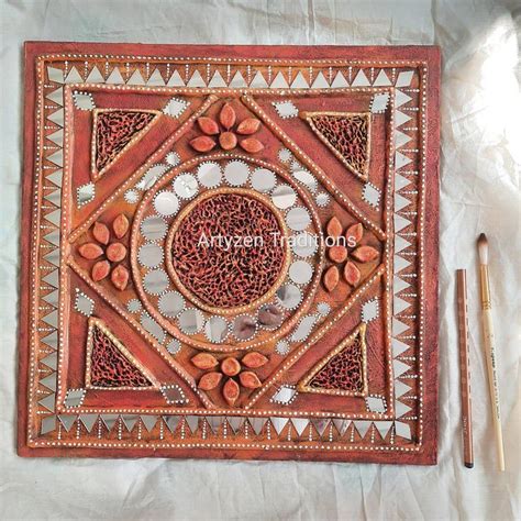 Traditional Lippan Mud Mirror Clay Art Earthy Decor On Wooden Board