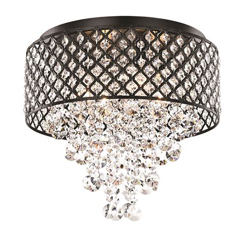 Marya Light Antique Black Round Drum Cascading Crystal Flush Mount