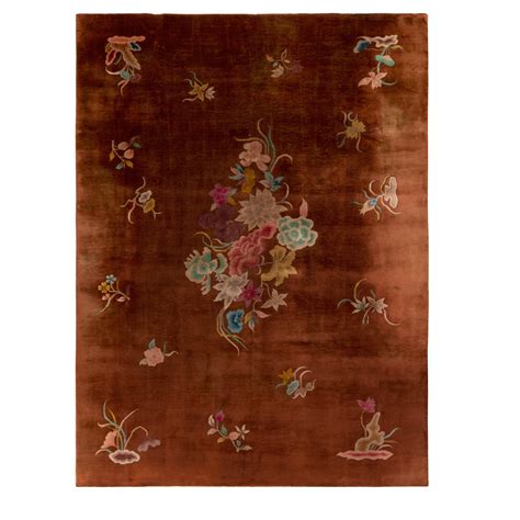 Vintage Chinese Art Deco Rug Red And Gold Floral Pattern By Rug And