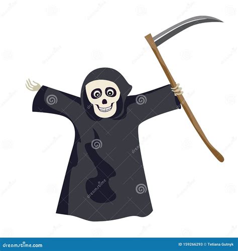 Grim Reaper In Black Cloak With Hood And A Scythe Isolated On A White Background Smiling Skull