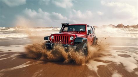 Premium AI Image A Red Jeep Wrangler Driving Through The Sand With