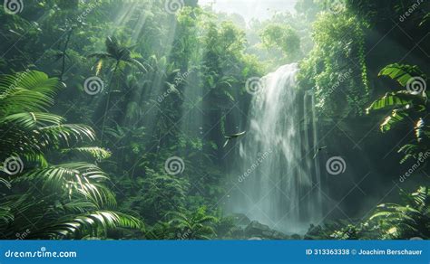 Vibrant Amazon Rainforest Biodiversity With Waterfall And Rare Birds In