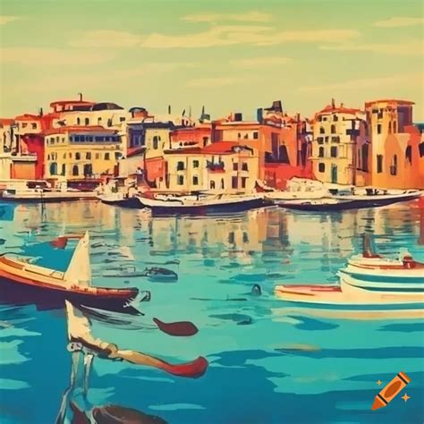 Vintage Poster Of A Mediterranean City Port On Craiyon