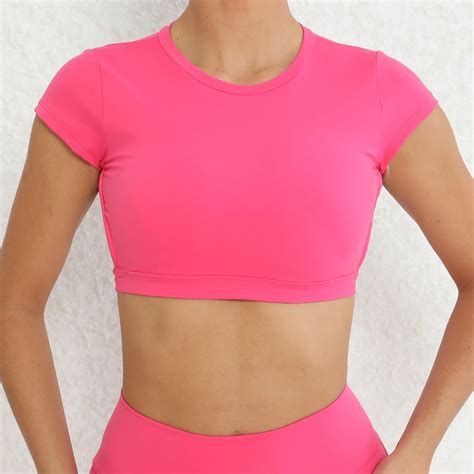 Workout Outfit Sexy Open Back Short Sleeve Slim Crop Top Fitness Sports Yoga Wearing Round Neck