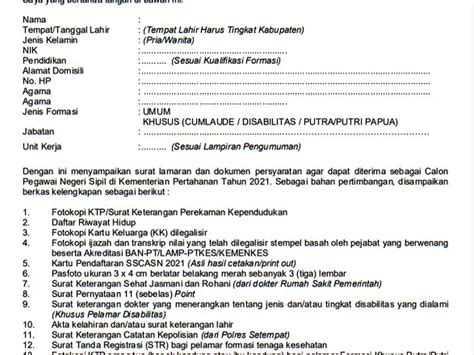 Format Surat Lamaran Cpns Kemhan Lengkap Dengan Alamat Yang