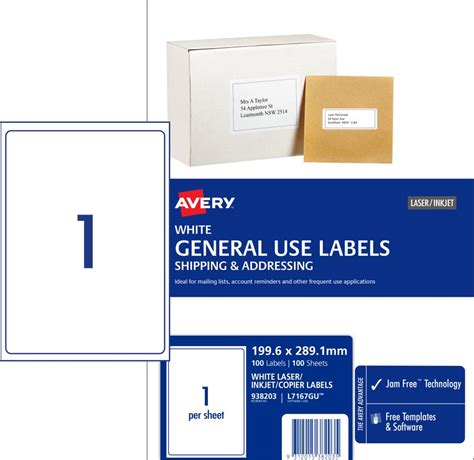 Avery General Use Labels - 199.6 x 289.1mm - 100 Labels (L7167GU) | Winc