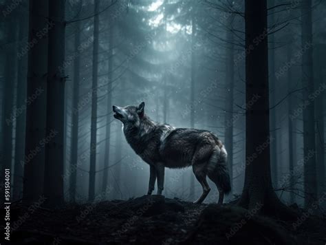 A lone wolf howling at the full moon in the dark forest Stock ...