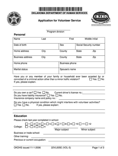 Fillable Online Okdhs Form Vl E Vol Application For Volunteer