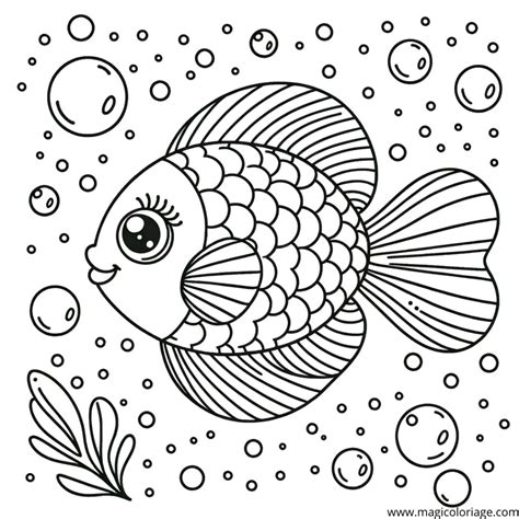 Coloring Fish surrounded by small bubbles - Free drawing