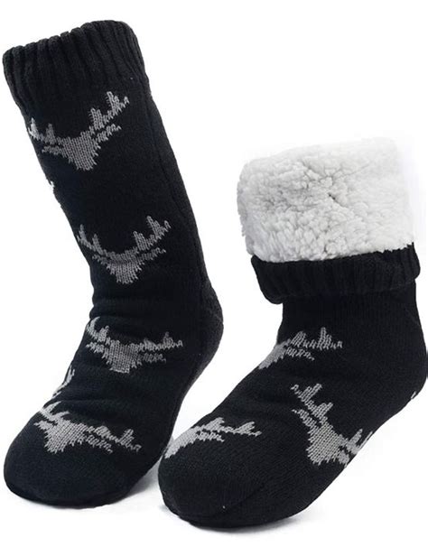 Men Winter Thermal Fleece Lining Knit Non Slip Socks Black Printed ...