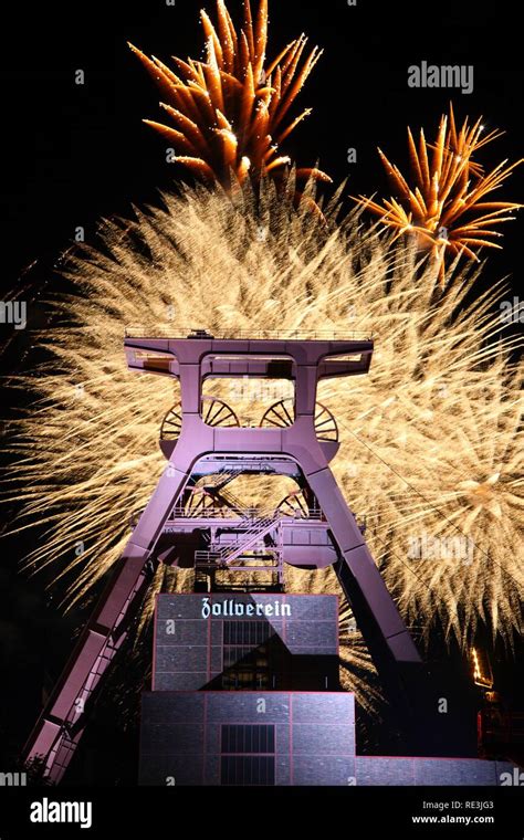 Fireworks Above The Headframe Or Winding Tower Of The Zollverein Coal