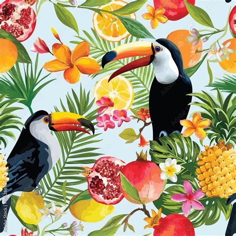 Seamless Tropical Fruits And Toucan Pattern In Vector Pomegranate Lemon Orange Flowers