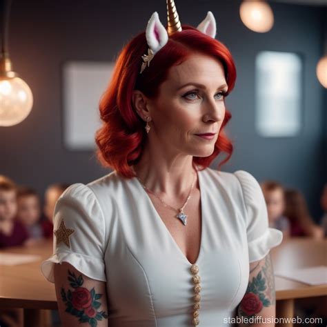 Red Haired Kindergarten Teacher In Unicorn Outfit Stable Diffusion Online