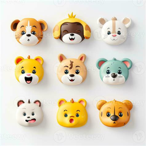 Set of animal faces, face emojis, stickers, emoticons,cartoon funny ...