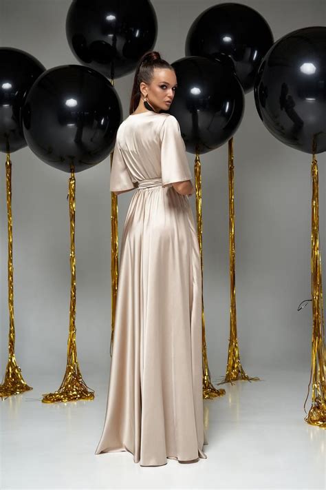 Champagne Satin Silk Bridesmaid Flared Dressbeige Satin Maxi Etsy