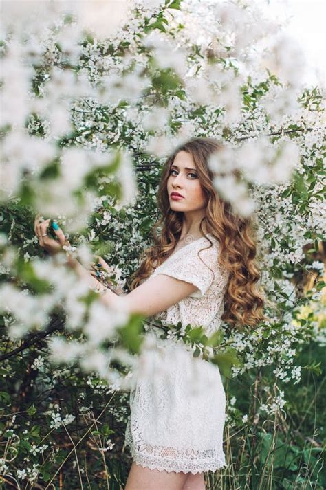 Girl among cherry blossoms stock photo. Image of dress - 92488156