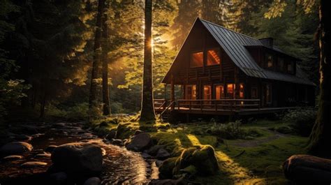 Premium AI Image A Photo Of A Wooden Cabin Nestled In A Lush Forest