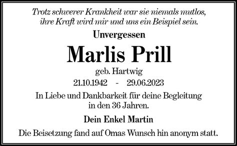 Traueranzeigen von Marlis Prill Märkische Onlinezeitung Trauerportal