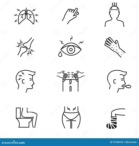 Human Illness And Diseases Symptoms Thin Line Vector Icons Set Stock