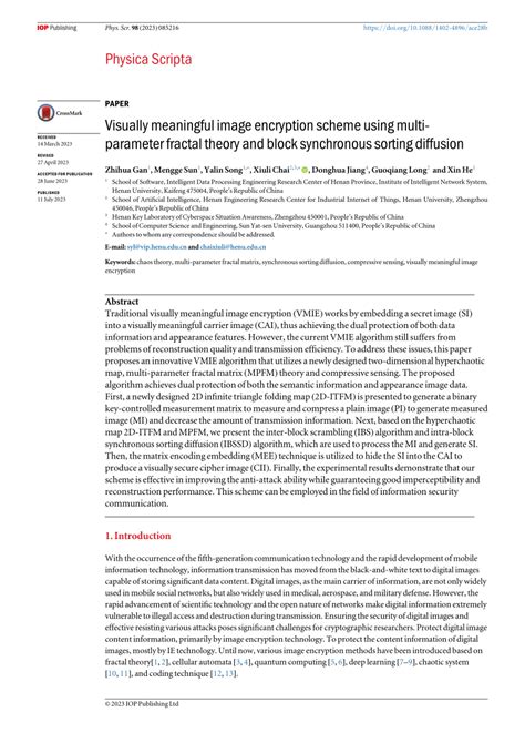 Pdf Visually Meaningful Image Encryption Scheme Using Multi Parameter